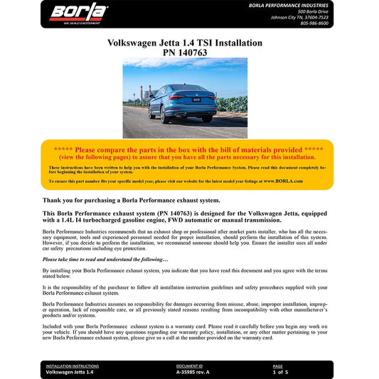 Borla 2019 Volkswagen Jetta 1.4L 2.5in Pipe Dia 2.5in Tip Turn Down Pipe S Type Catback Exhaust