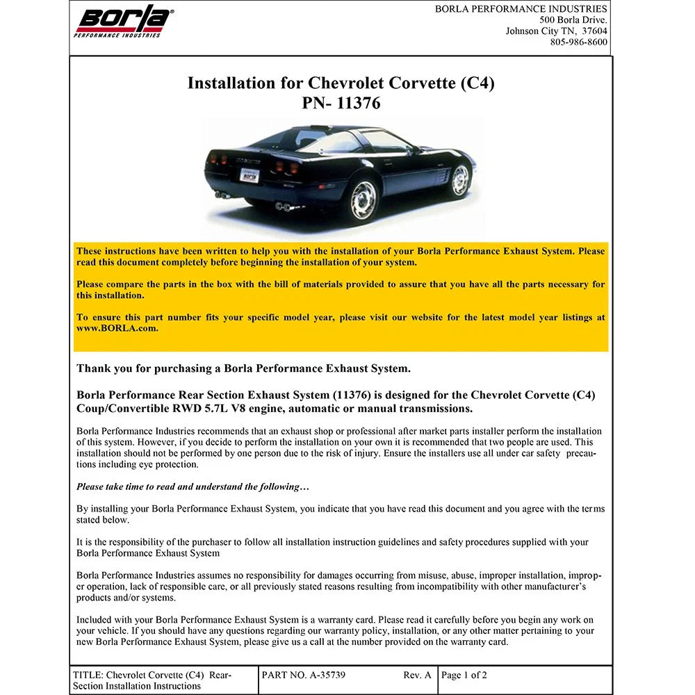Borla 84-91 Chevrolet Corvette C4 5.7L V8 D SQ AC IC Rear Section 2.5 inch Converter