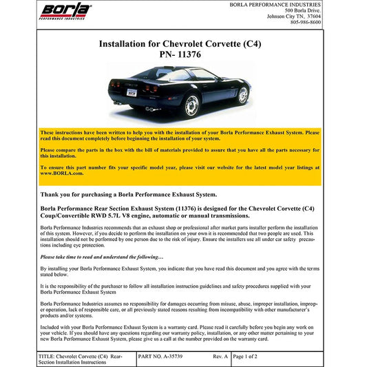 Borla 84-91 Chevrolet Corvette C4 5.7L V8 D SQ AC IC Rear Section 2.5 inch Converter