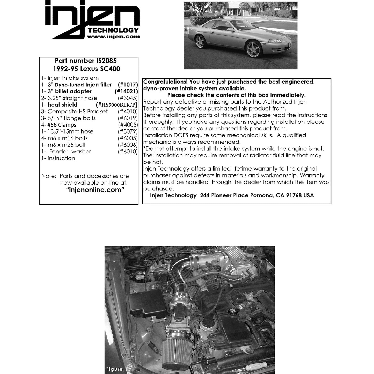 Injen 92-95 SC400 w/ Heat Shield Polished Short Ram Intake