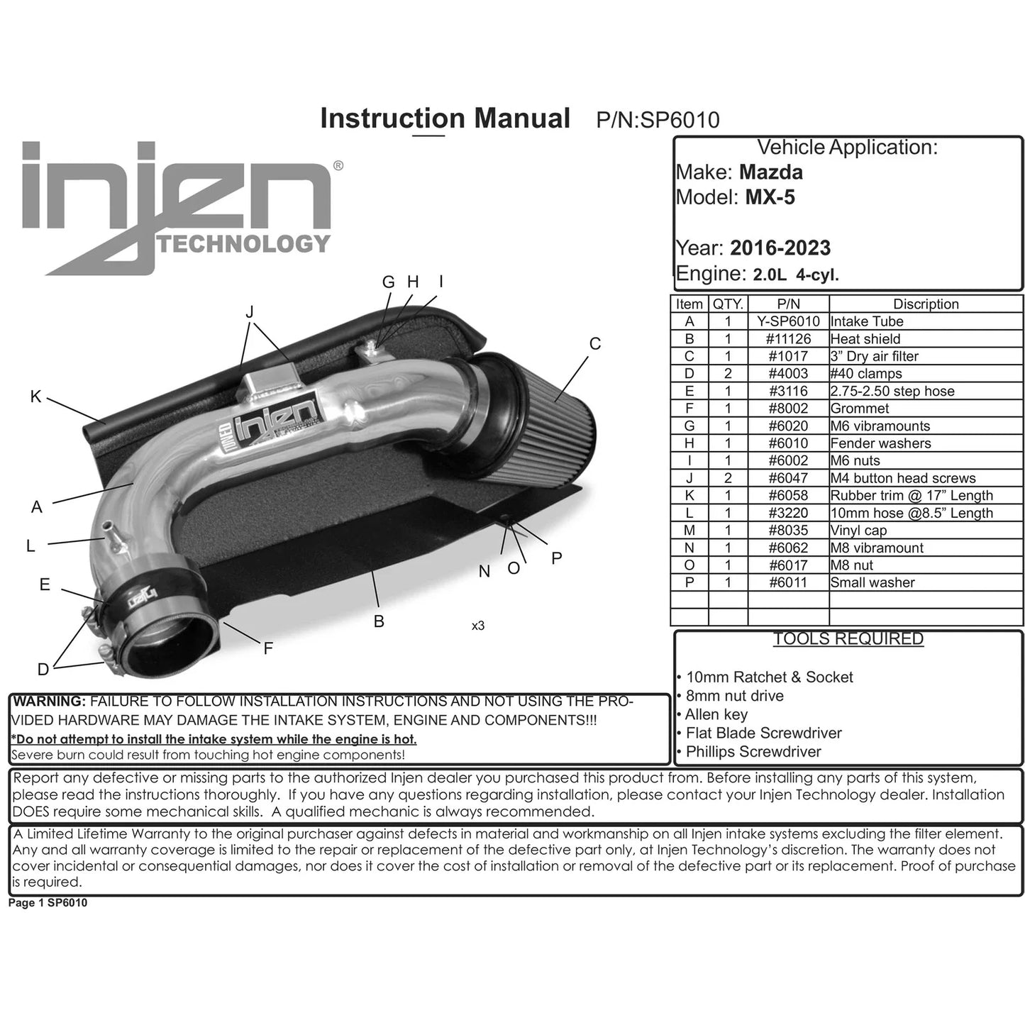 Injen 16-19 Mazda MX-5 2.0L 4Cyl Black Short Ram Intake w/MR Tech & Heat Shield