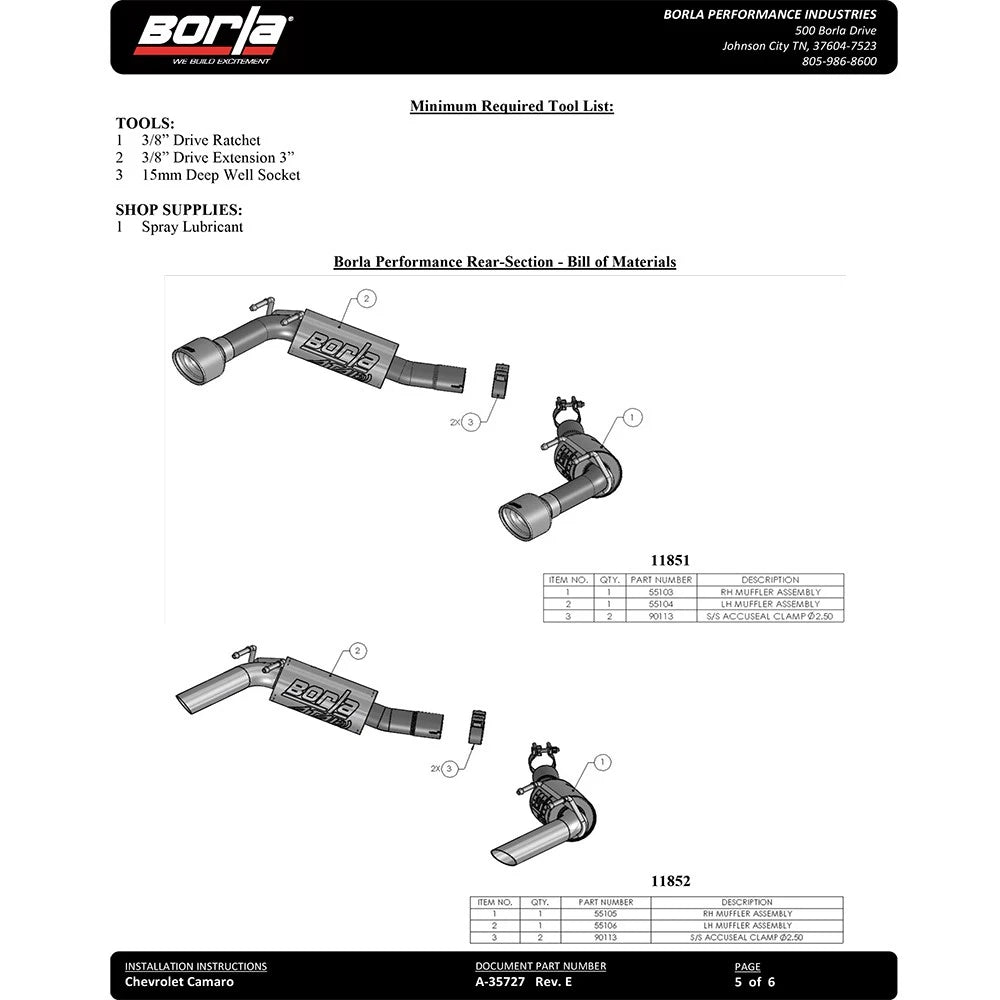 Borla 14-15 Chevy Camaro 3.6L V6 RWD Single Split Rr Exit Touring Exhaust (rear section only)
