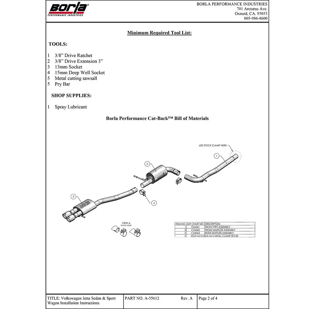 Borla 06-07 VW Jetta 2.5 / 08-10 Jetta SEL/SE/S SS Catback Exhaust