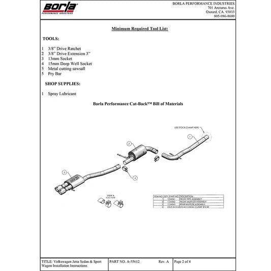 Borla 06-07 VW Jetta 2.5 / 08-10 Jetta SEL/SE/S SS Catback Exhaust