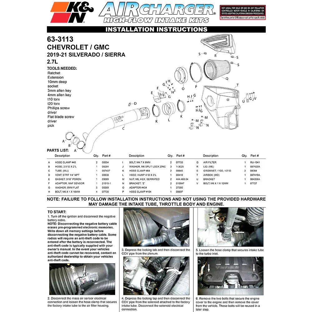 K&N 19-20 Chevrolet 1500 2.7L L4 F/I AirCharger Performance Intake System