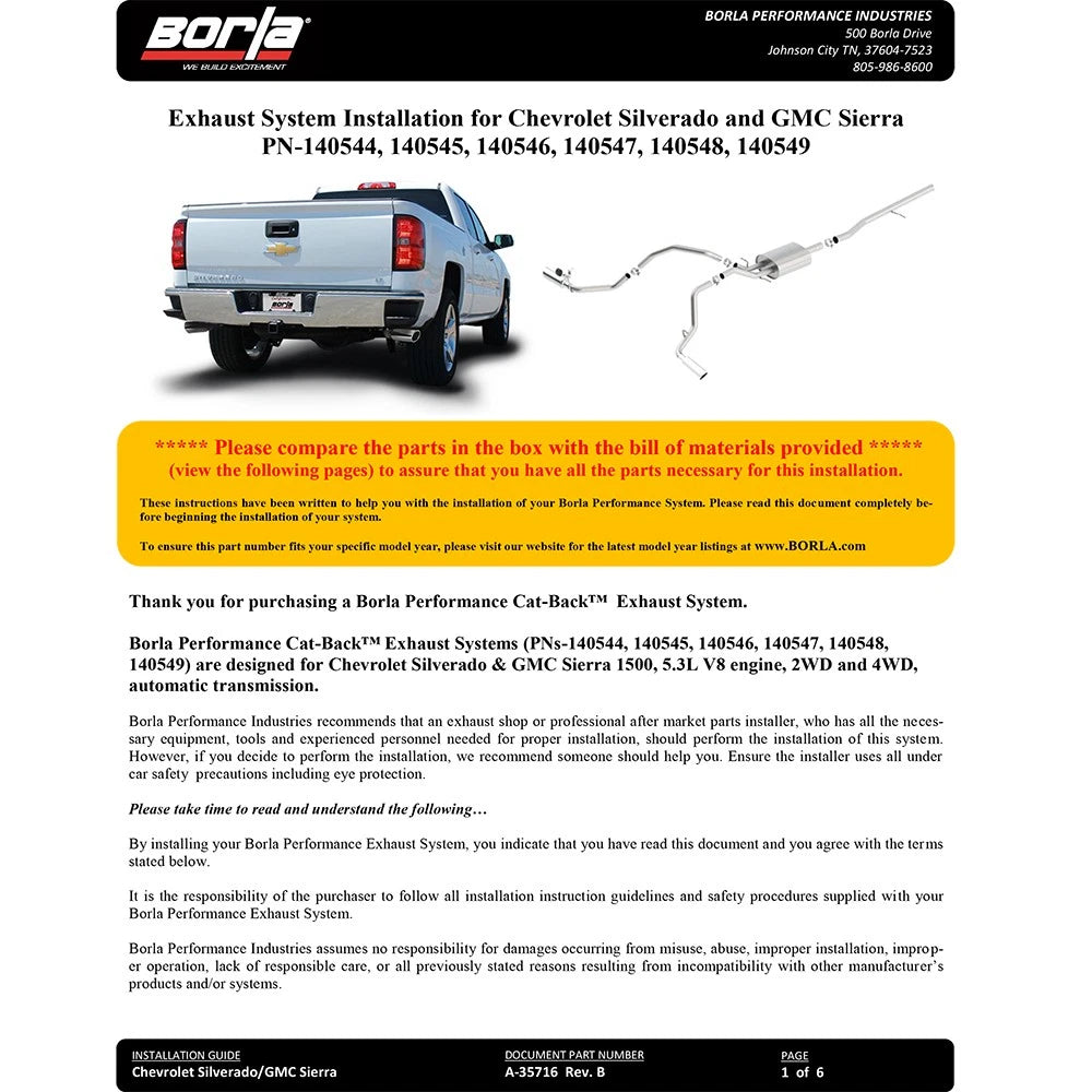 Borla 14-16 Chevrolet Silverado 1500 5.3L ATAK Catback Exhaust w/ Black Chrome Tips