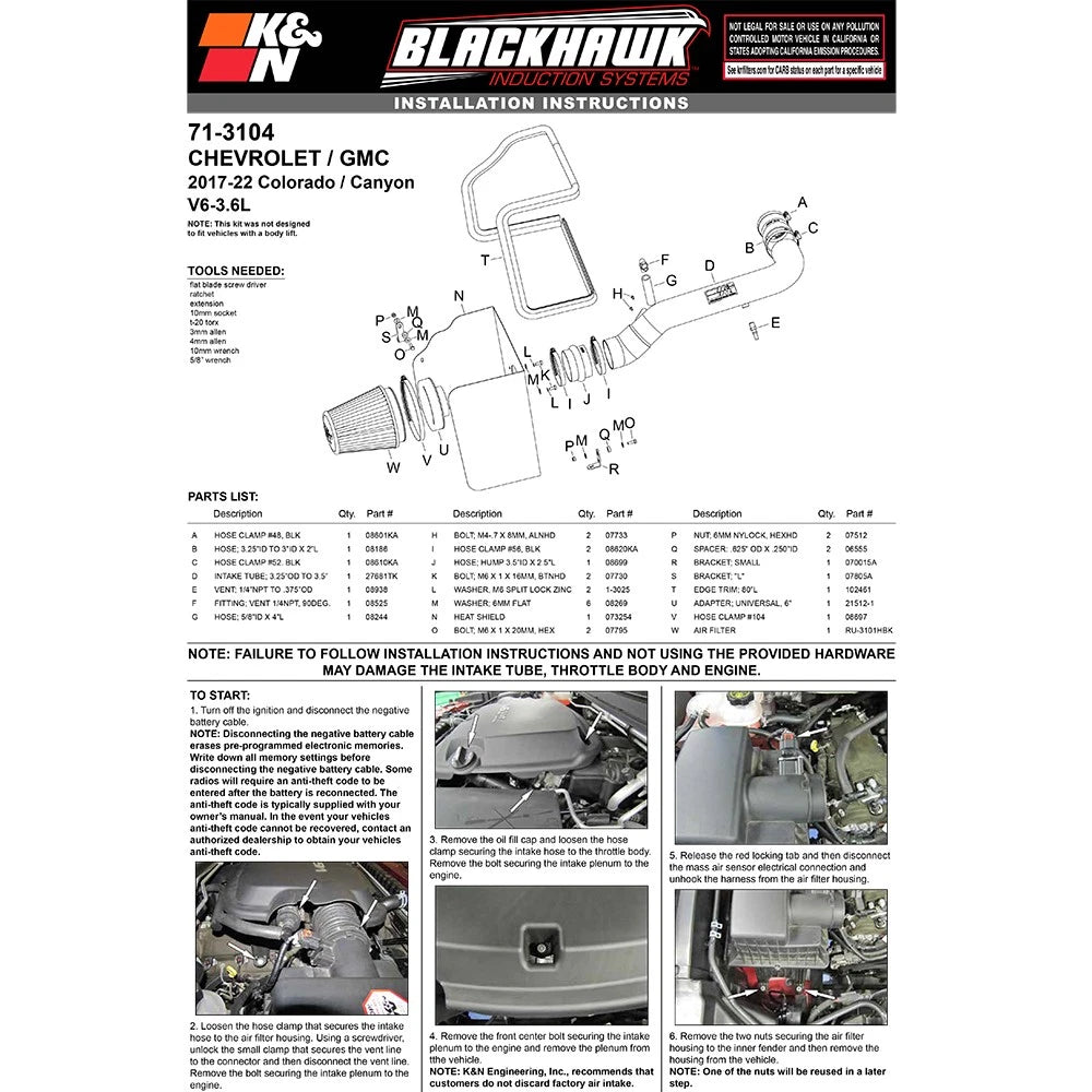 K&N 17-18 Chevrolet Colorado 3.6L V6 Black Performance Intake Kit