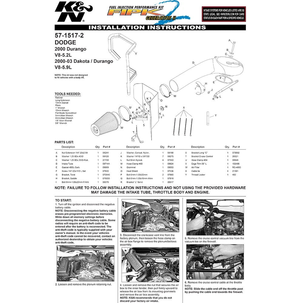 K&N 00-03 Dodge Dakota/Durango 5.2L/5.9L V8 FIPK Performance Intake Kit