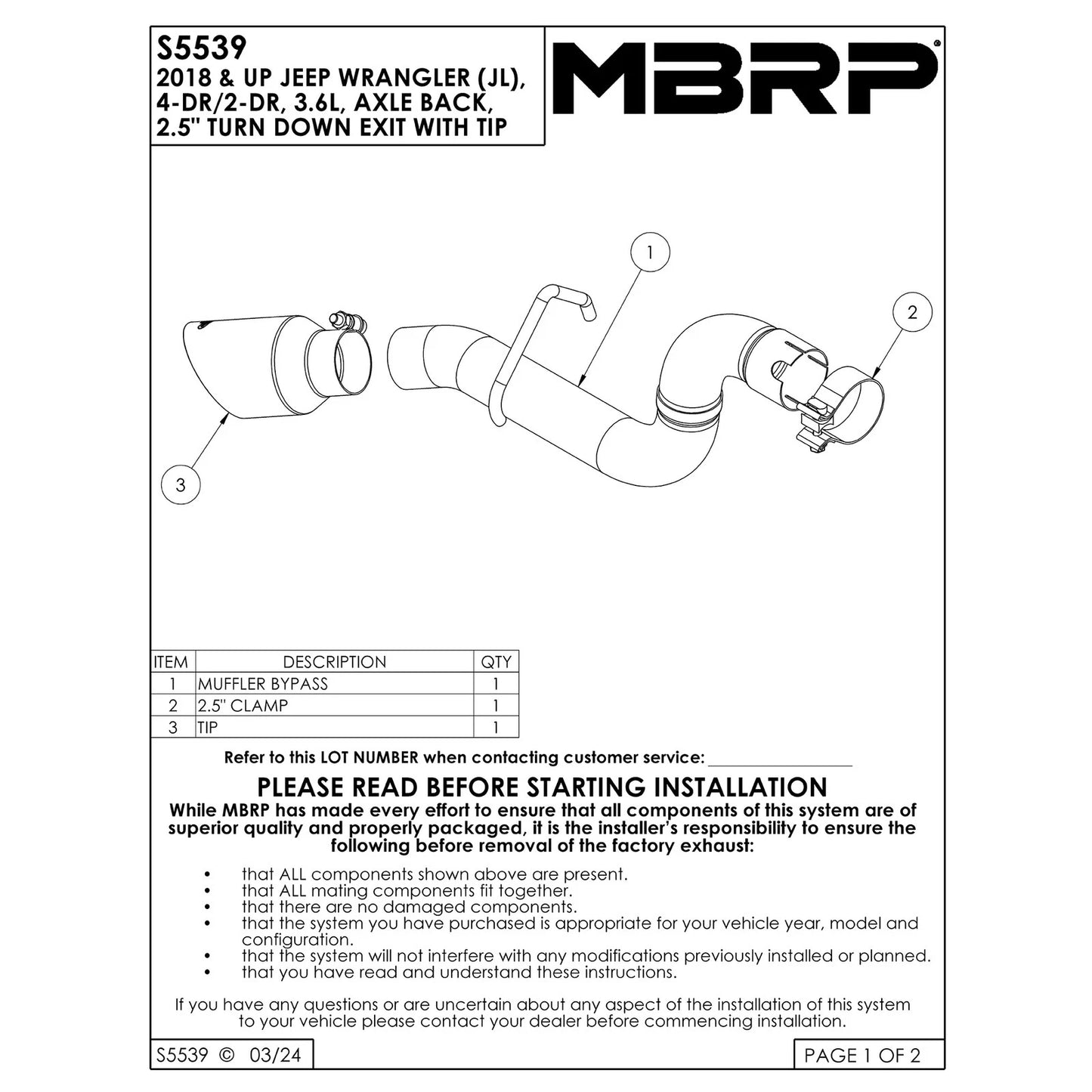 MBRP 18-24 Jeep Wrangler 3.6L T409 Stainless Steel 2.5in Axle-Back Turn Down Exit - Black Tip
