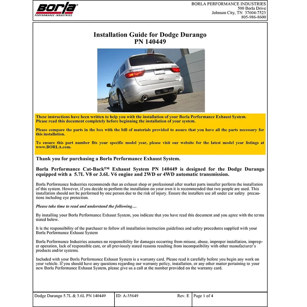 Borla 11-13 Dodge Durango R/T / 11-15 Durango Crew/Citadel AWD/RWD SS Catback Exhaust