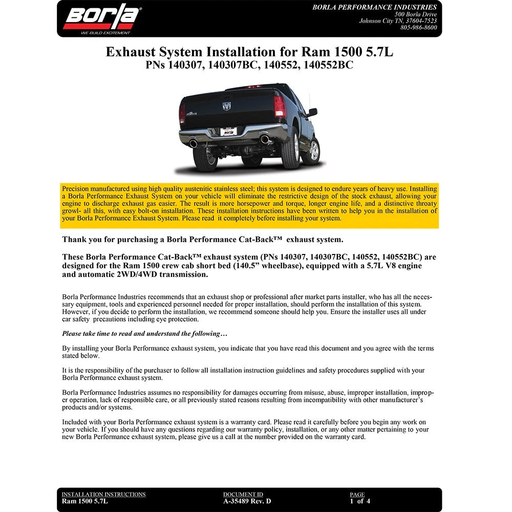 Borla 09-17 Ram 1500 5.7L V8 5in Single Tip Black Chrome Cat-Back Touring Exhaust Through Bumper