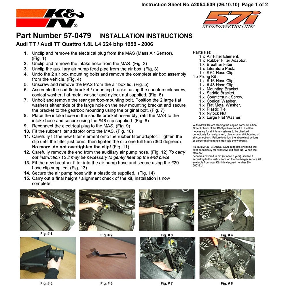 K&N Performance Intake Kit AUDI TT QUATTRO, 1.8L, L4, 224BHP