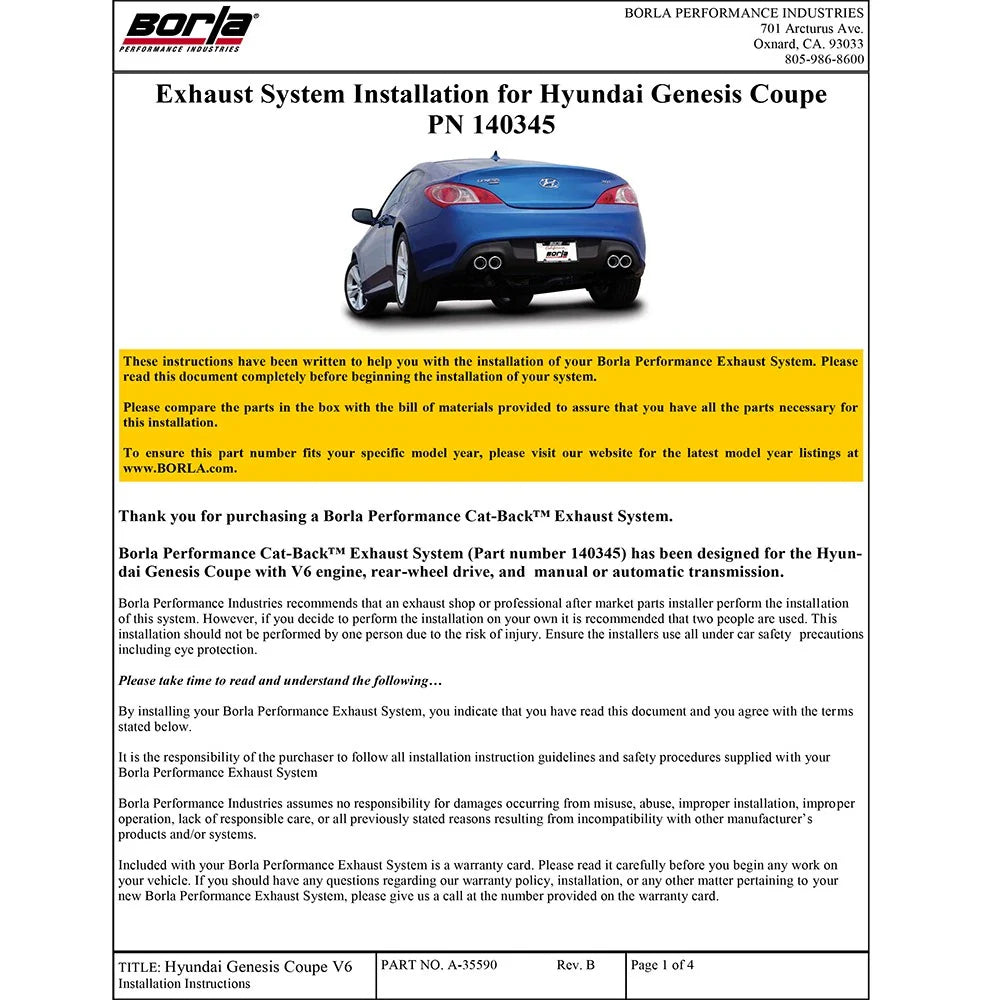 Borla 10-13 Hyundai Genesis 3.8L-V6 SS Catback Exhaust