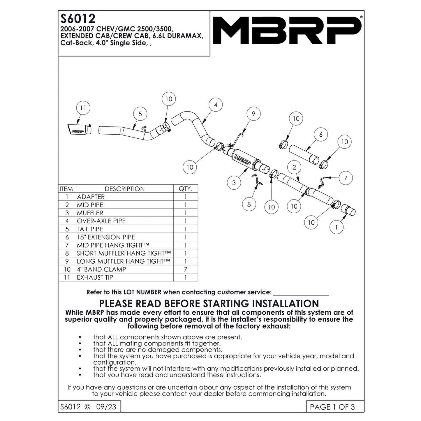 MBRP 2006-2007 Chev/GMC 2500/3500 Duramax Classic EC/CC Cat Back Single Side