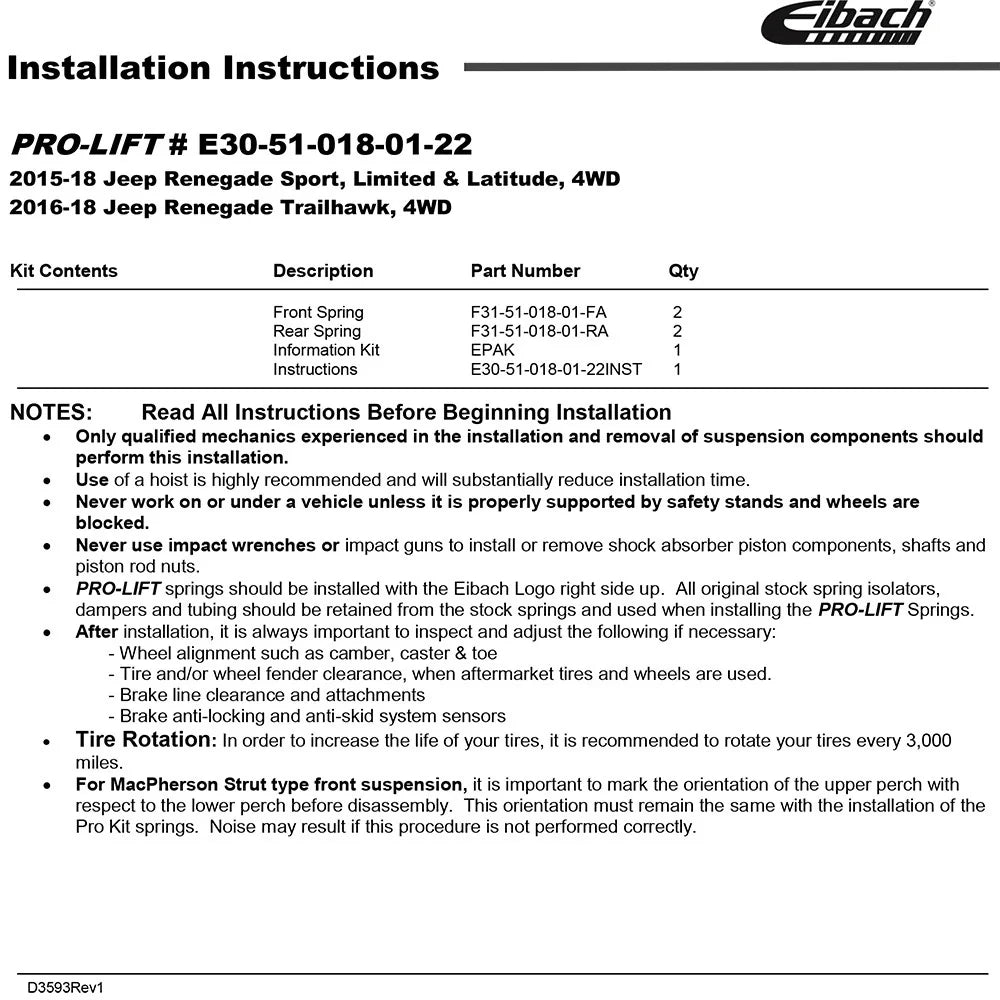 Eibach Pro-Lift Kit for 15-18 Jeep Renegade 4WD - 1.0-1.7in Front / 1.0-1.1in Rear