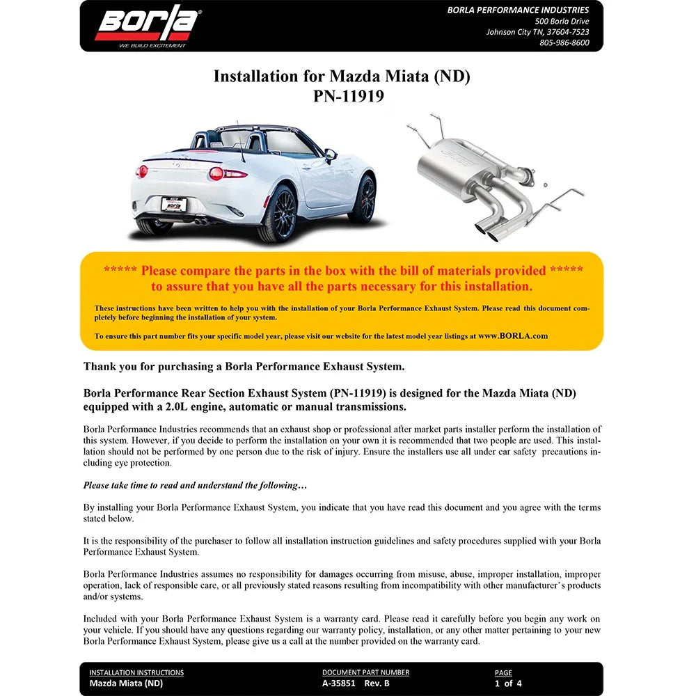 Borla 2016 Mada Miata 2.0L Rear Section S-Type Exhaust