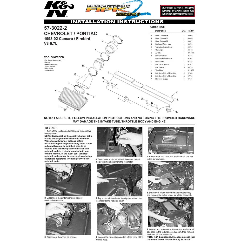 K&N 98-02 Camaro 5.7L-V8 Performance Intake Kit