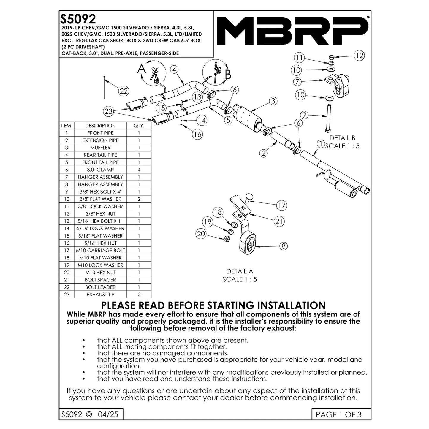 MBRP 2019+ Chevrolet Silverado 1500 4.5L/5.3L Pre-Axle Dual Side Exit w/ 4in OD Tip- Black Coated