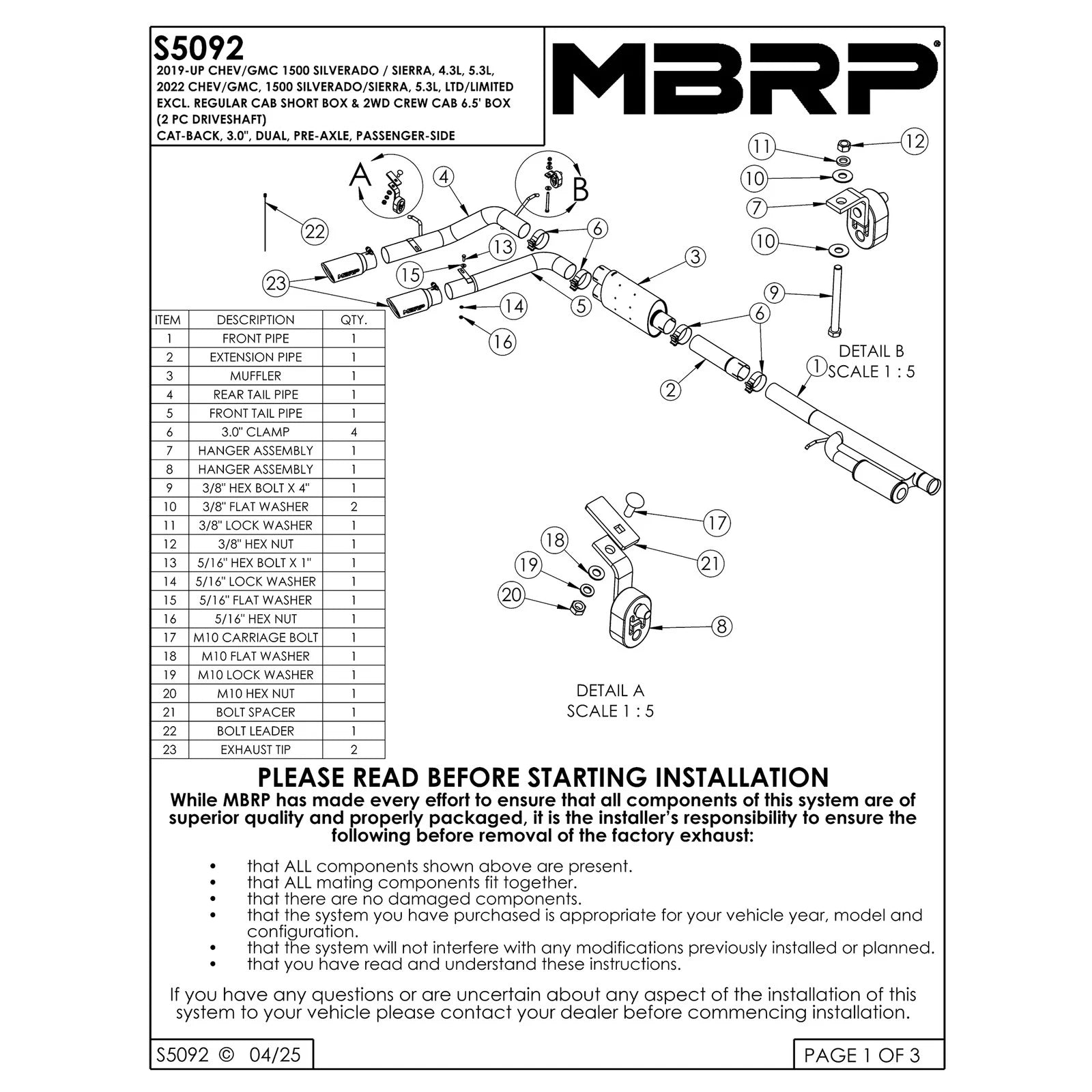 MBRP 2019+ Chevrolet Silverado 1500 4.5L/5.3L Pre-Axle Dual Side Exit w/ 4in OD Tip- Black Coated