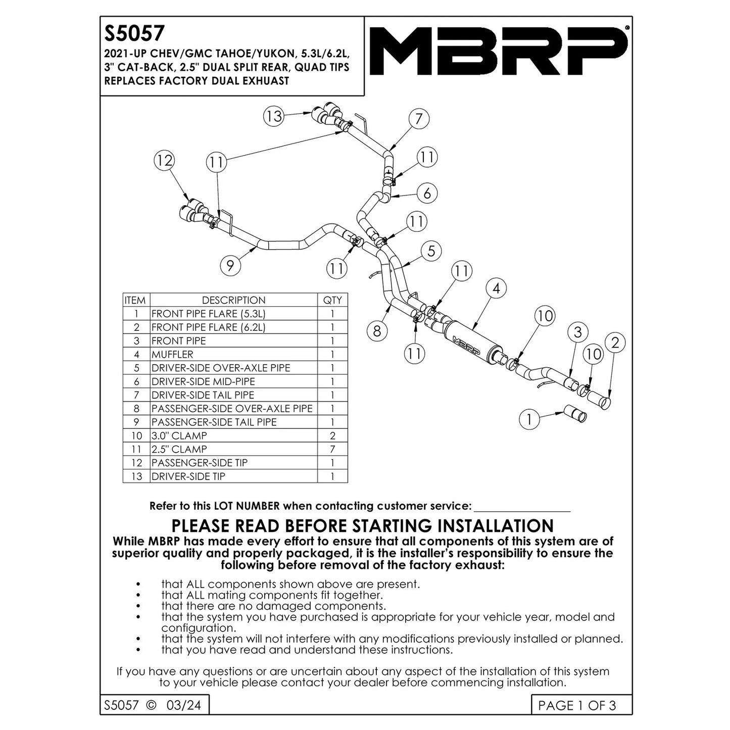 MBRP 2021+ Chevy Tahoe / GMC Yukon Alum. 3in Cat-Back Dual Split Exhaust w/ Quad Tips