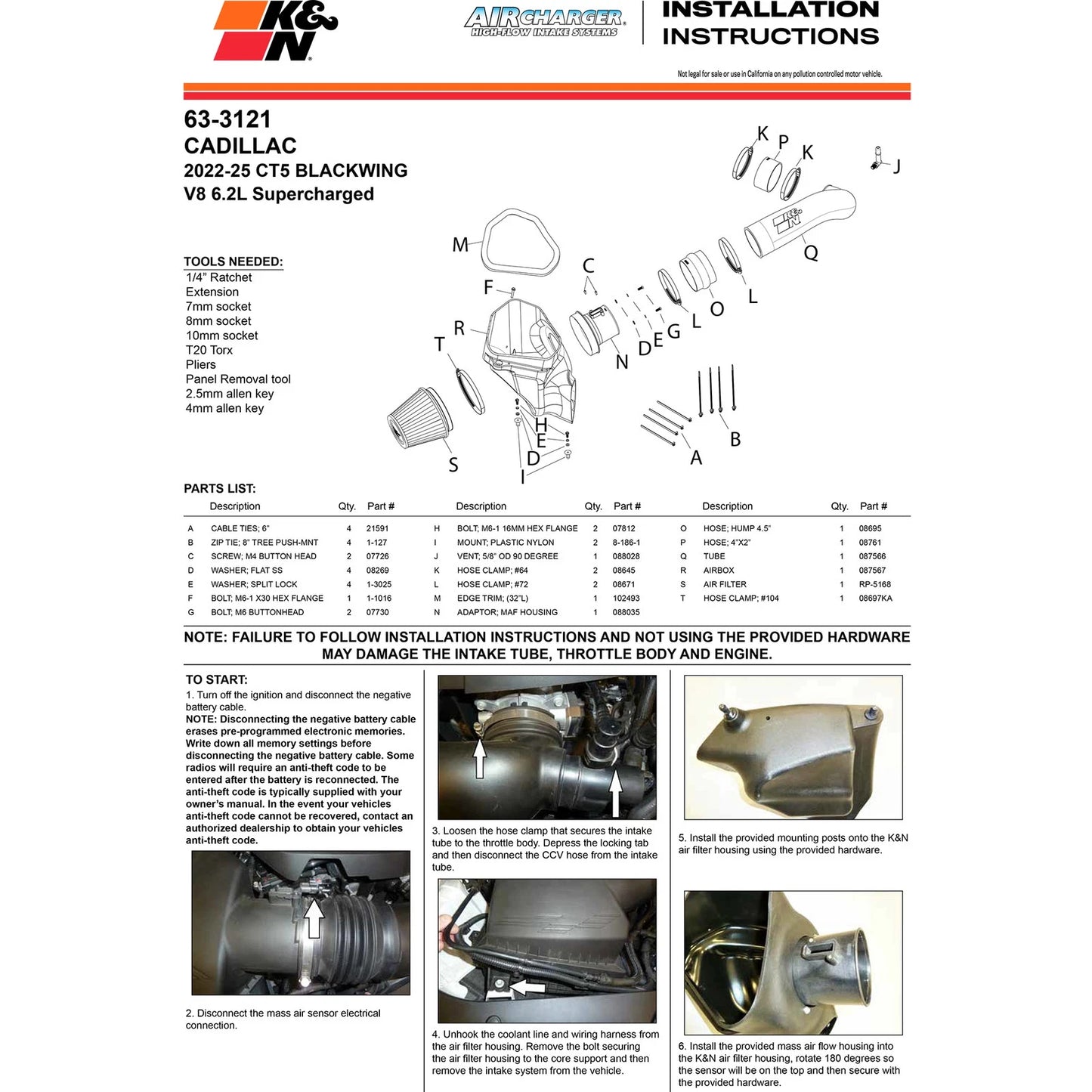 K&N 22-24 Cadillac CT5 6.2L V8 Performance Air Intake System