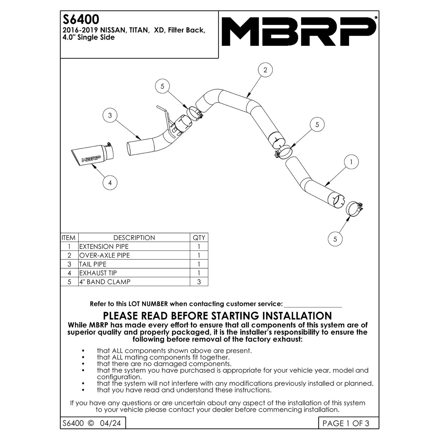 MBRP 16-19 Nissan Titan XD 5.0L 4in Filter Back Single Side Exit Alum Exhaust System