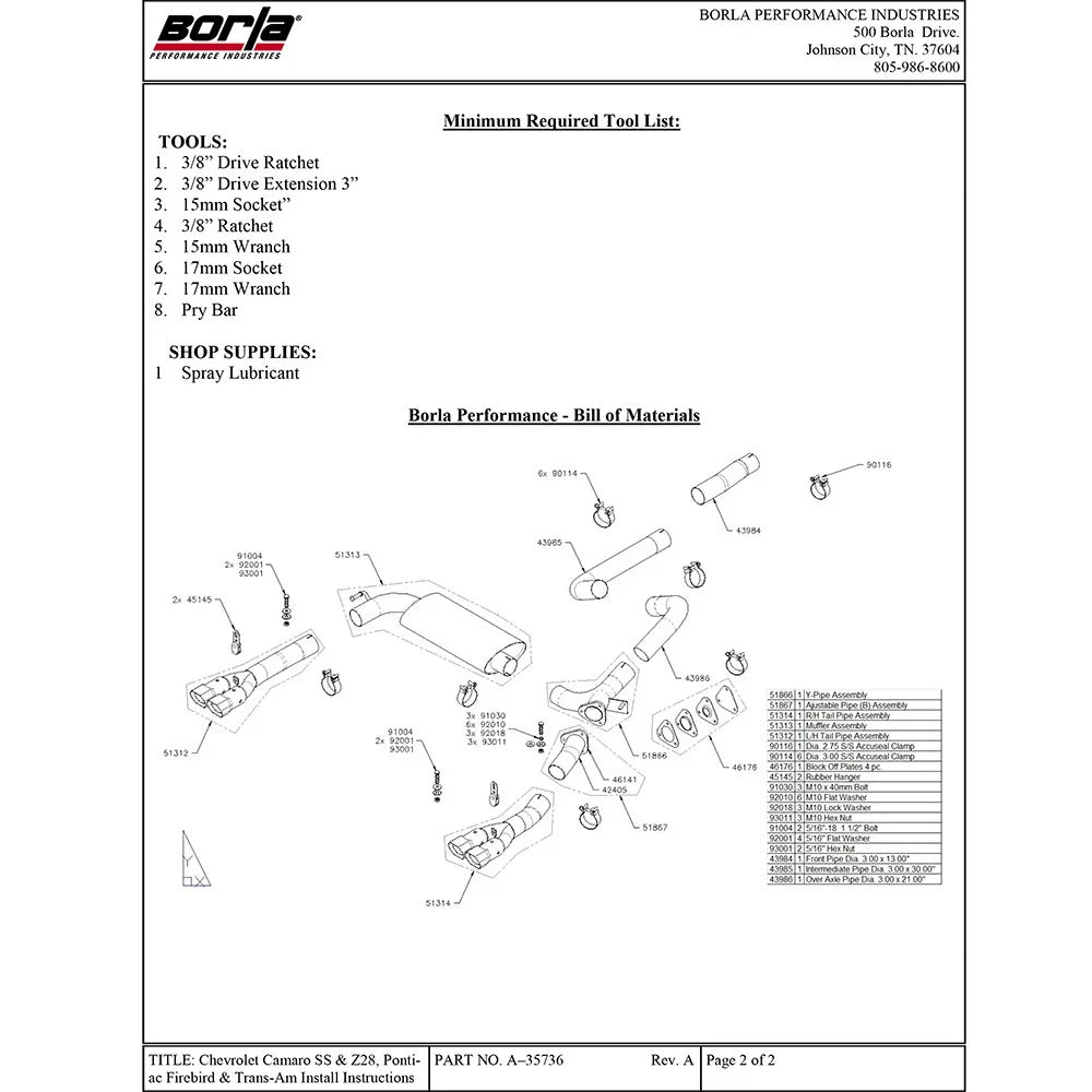 Borla 98-01 CAMARO/TRANS AM 5.7L V8 AT/MT Catback Exhaust Quad Tips