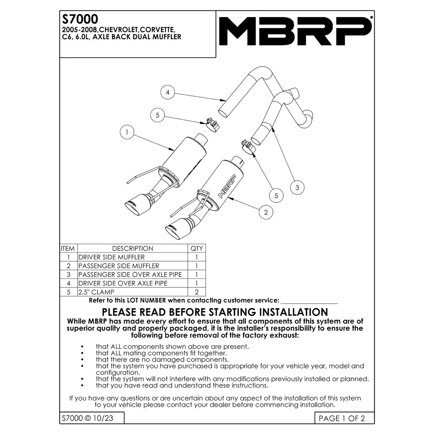 MBRP 2005-2008 Chev Corvette Dual Muffler Axle Back 4 Round Dual Wall Tips