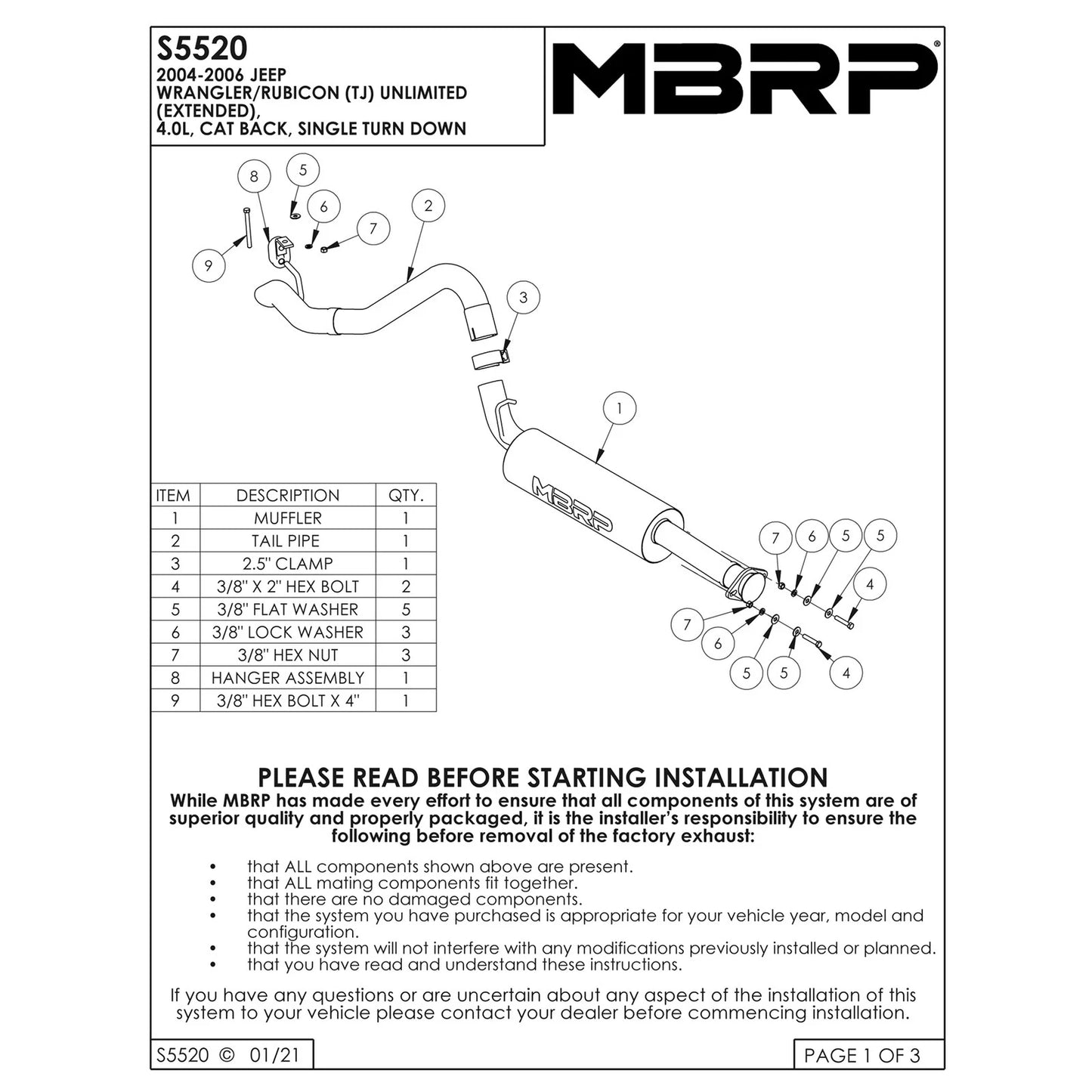 MBRP 04-06 Jeep Wrangler (TJ) Unlimited 4 0L I-6 Cat Back Single T409 Exhaust