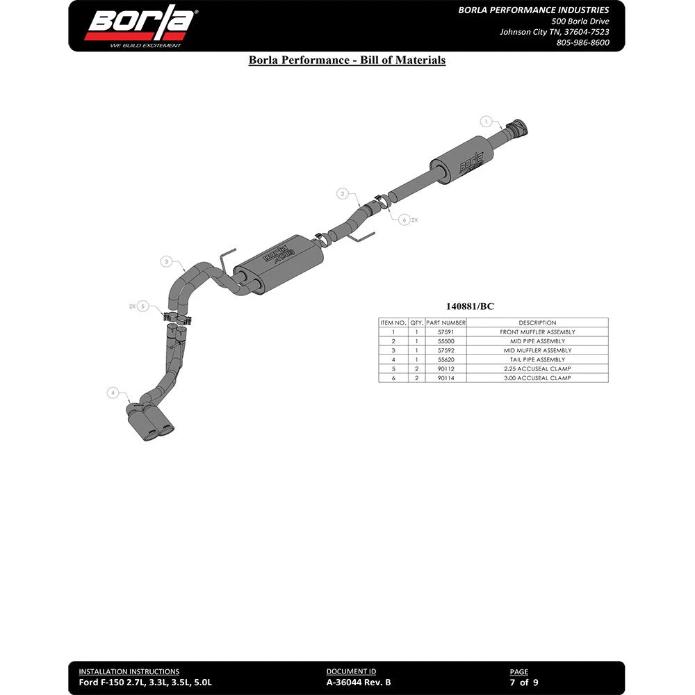 Borla F-150 2021 2.7L/3.5L 4dr CC SB EC STB Lari/King R/Plinum/LTD 3/2.25 DSE CB AK BLK CHR Tips