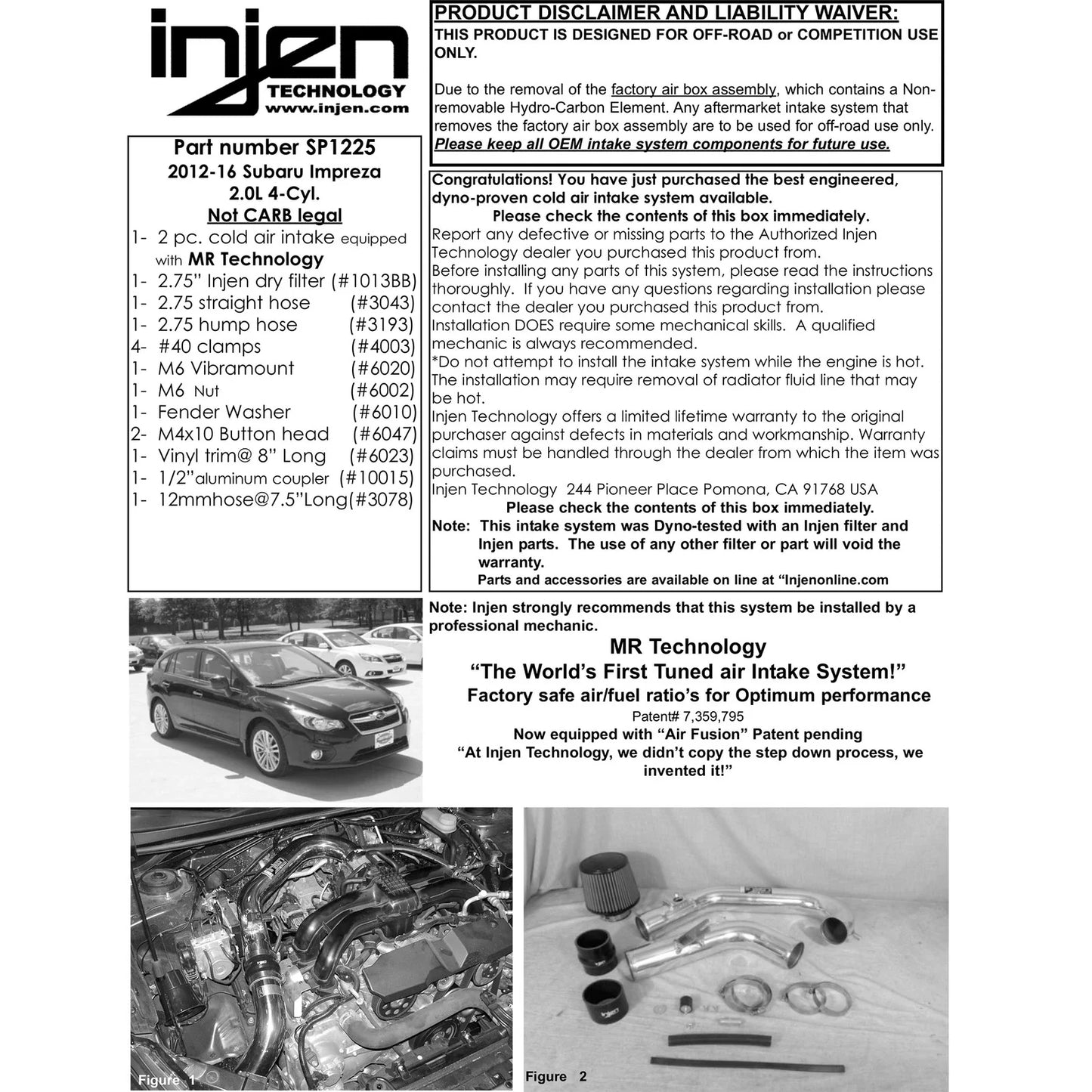 Injen 12 Subaru Impreza 2.0L 4cyl Black Cold Air Intake w/ MR Tech