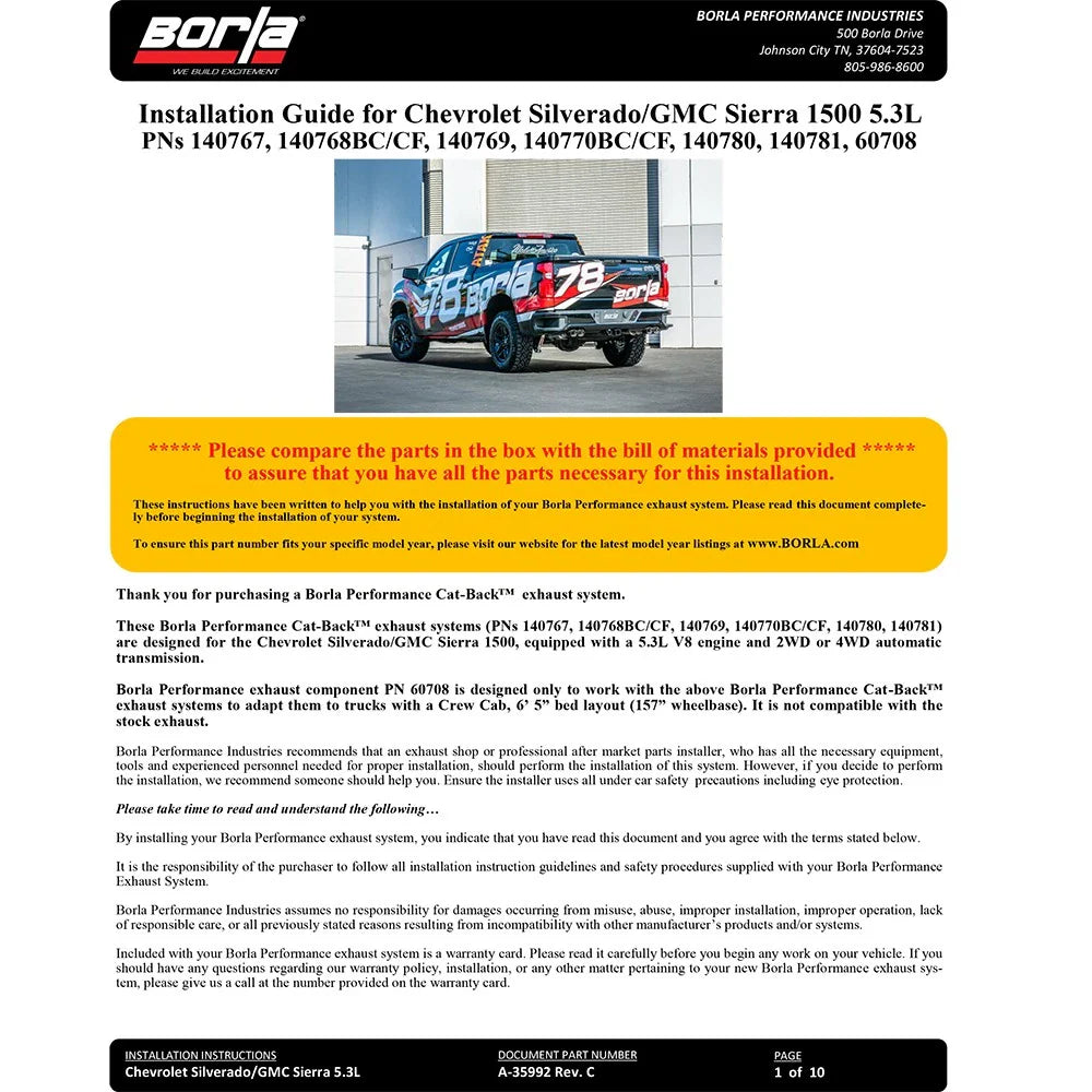 Borla 2019 Chevy Silverado 1500 5.3L V8 CC SB 147.4in WB Touring Cat-Back w/ Quad Square Tips