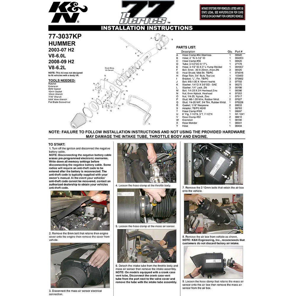 K&N 03-09 Hummer H2 V8-6.0/6.2L High Flow Performance Kit
