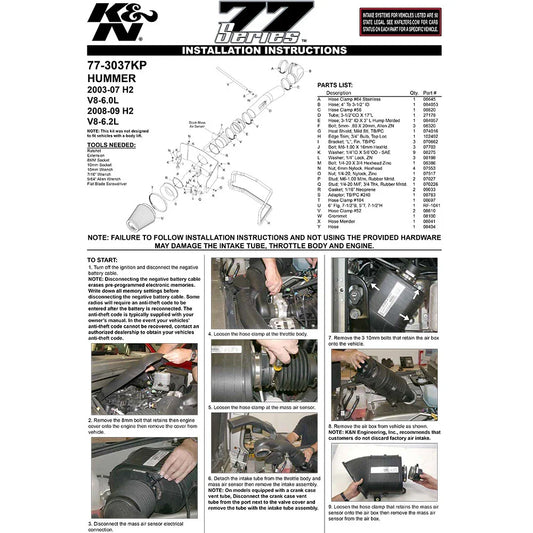 K&N 03-09 Hummer H2 V8-6.0/6.2L High Flow Performance Kit