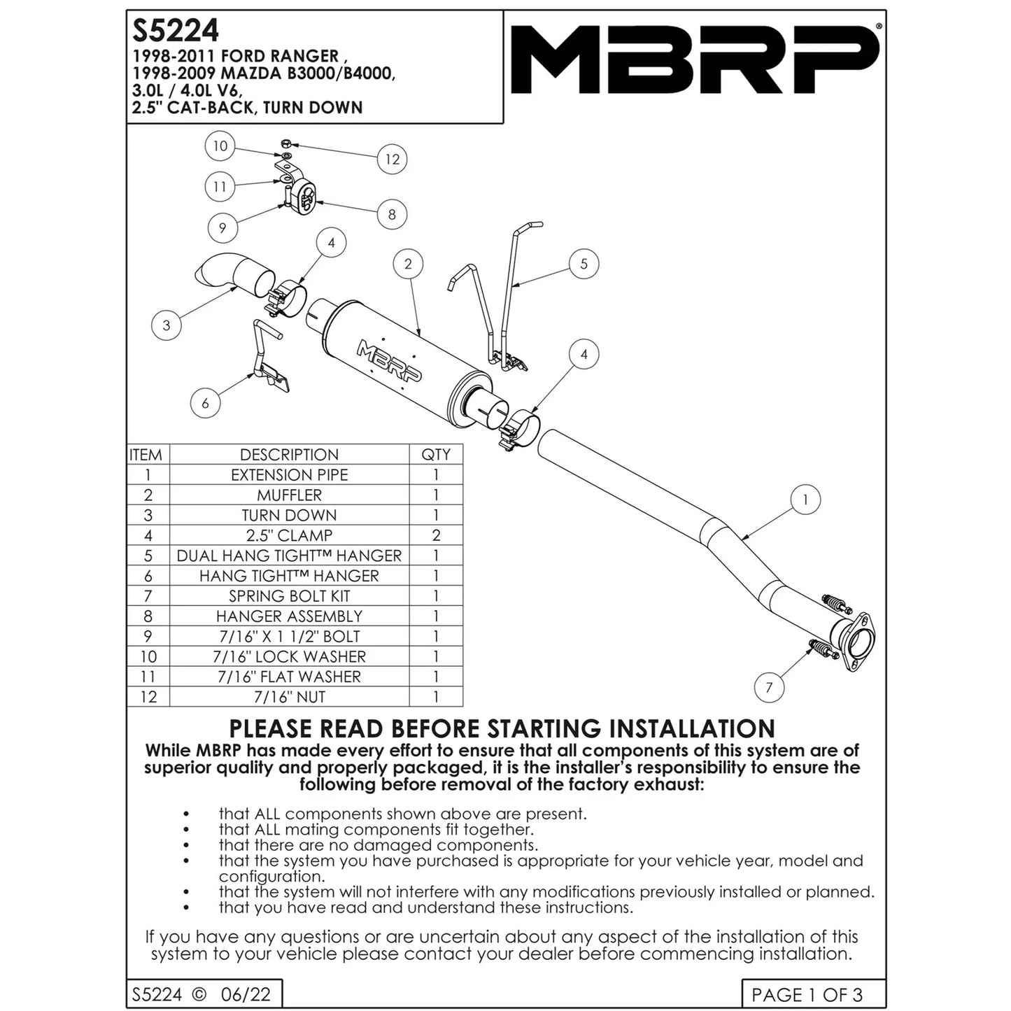 MBRP 98-10 Ford Ranger 3.0/4.0L T409 Cat Back Single Side Turn Down