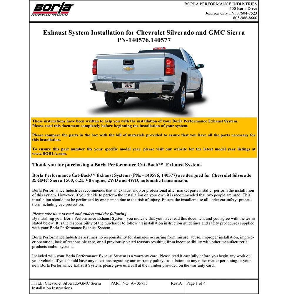 Borla 14+ Chevy Silverad1500 EC STD/CC Short 143.5in WB ATAK Cat-Back Exhaust w/ Black Chrome Tip