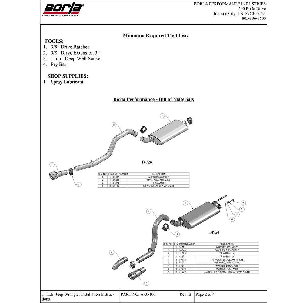 Borla 00-06 Jeep Wrangler Sport/SE/X/Rubicon Sahara 2.5L/4cyl 4.0L/6cyl SS Catback Exhaust