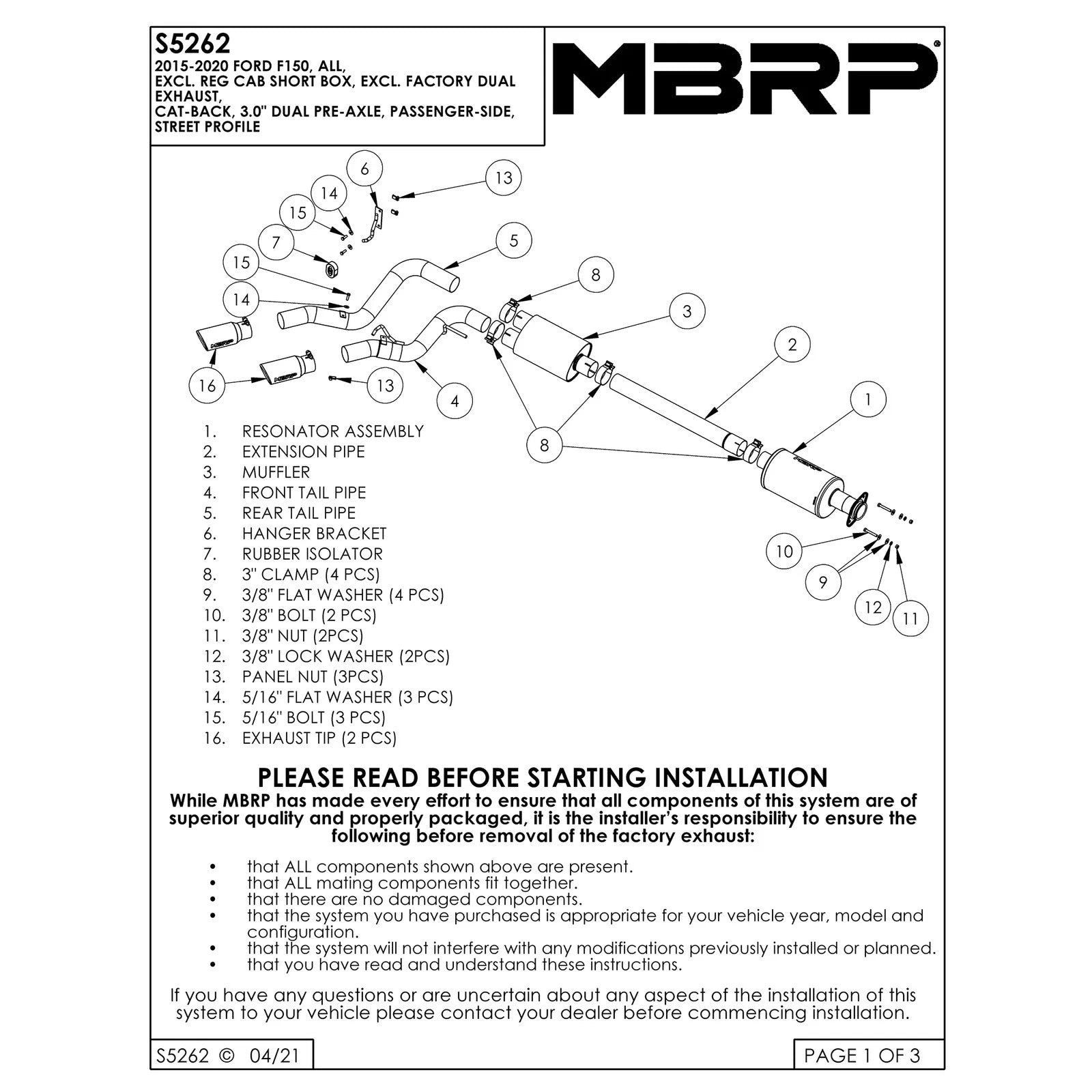 MBRP 15-20 Ford F150 T304 Pre-Axle 4in OD Tips Dual Outlet 3in Cat Back Exhaust