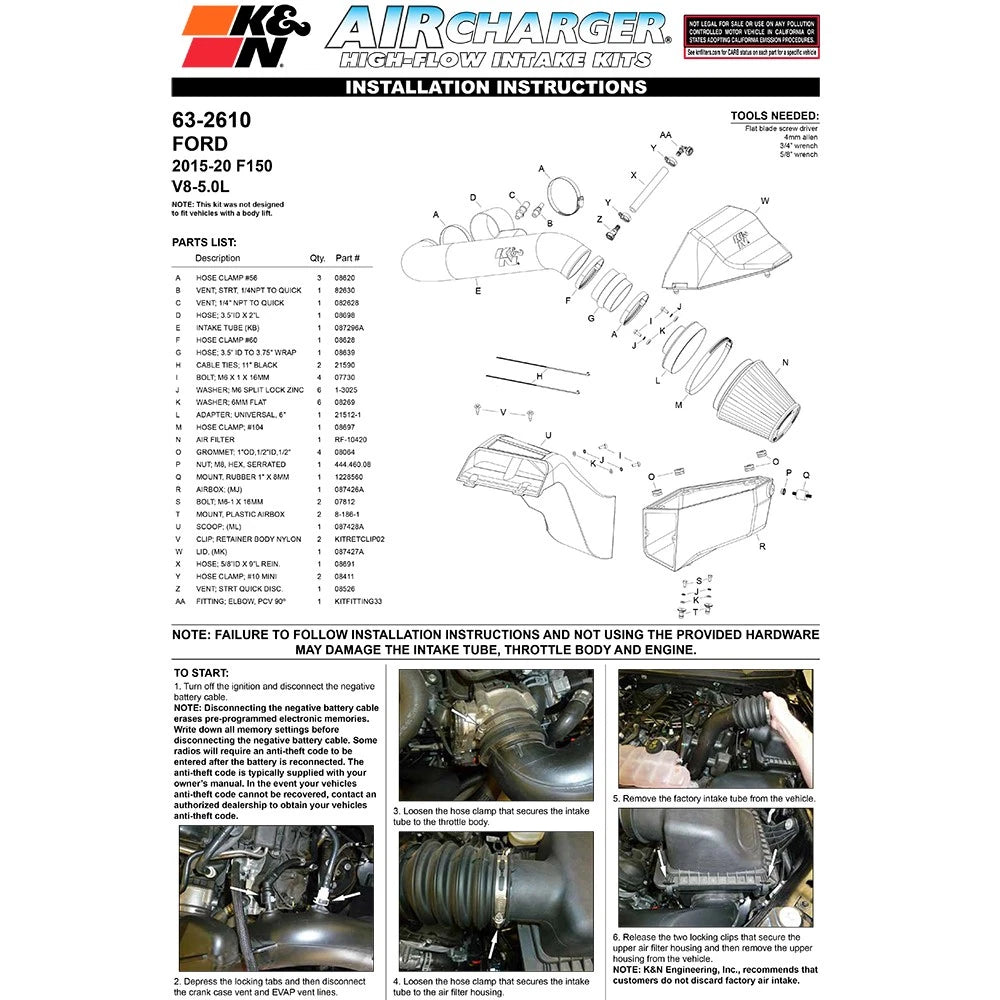 K&N 63 Series AirCharger Performance Intake 15-19 Ford F150 5.0L V8 F/I