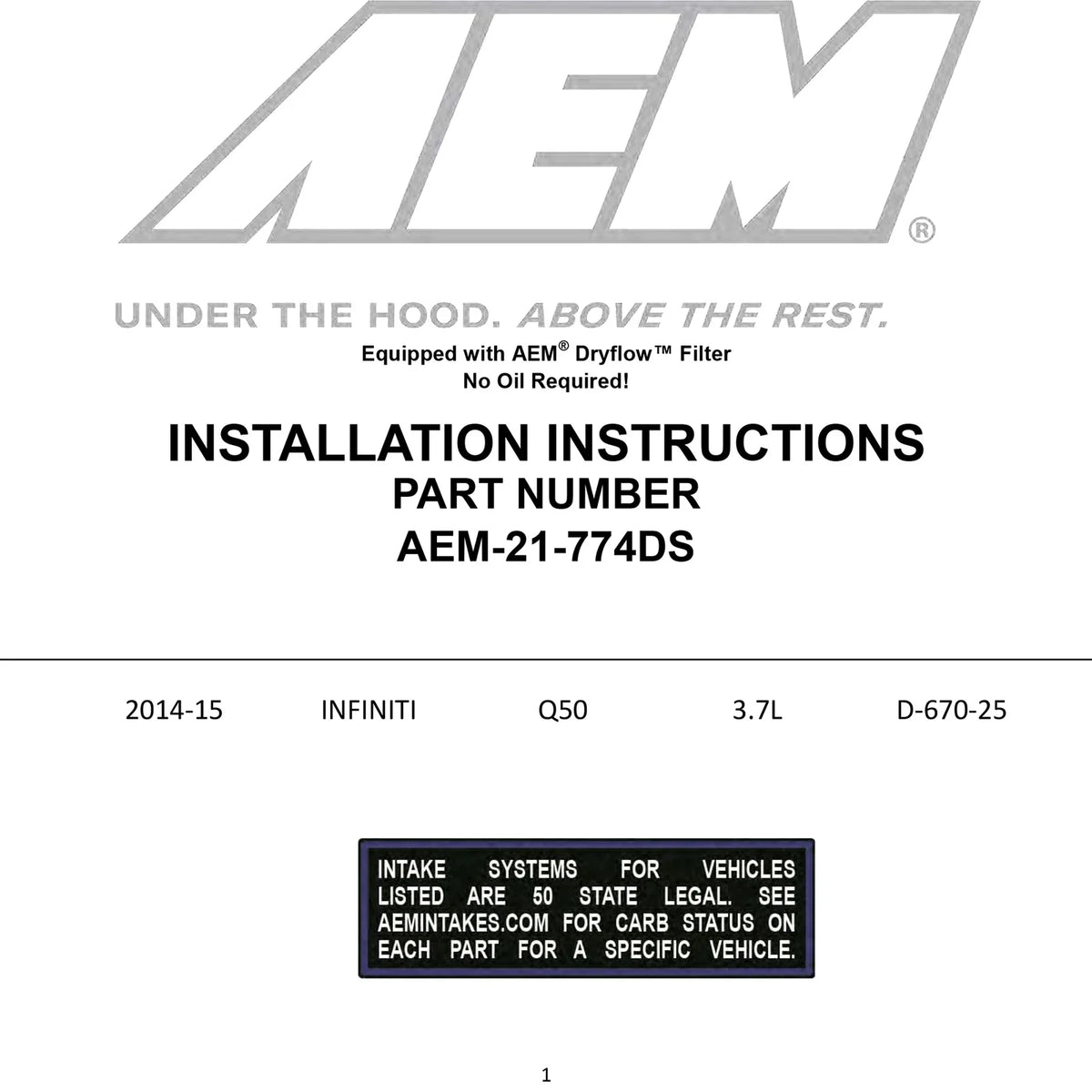 AEM 2014-2016 C.A.S. Infiniti Q50 V6-3.7L F/I Cold Air Intake