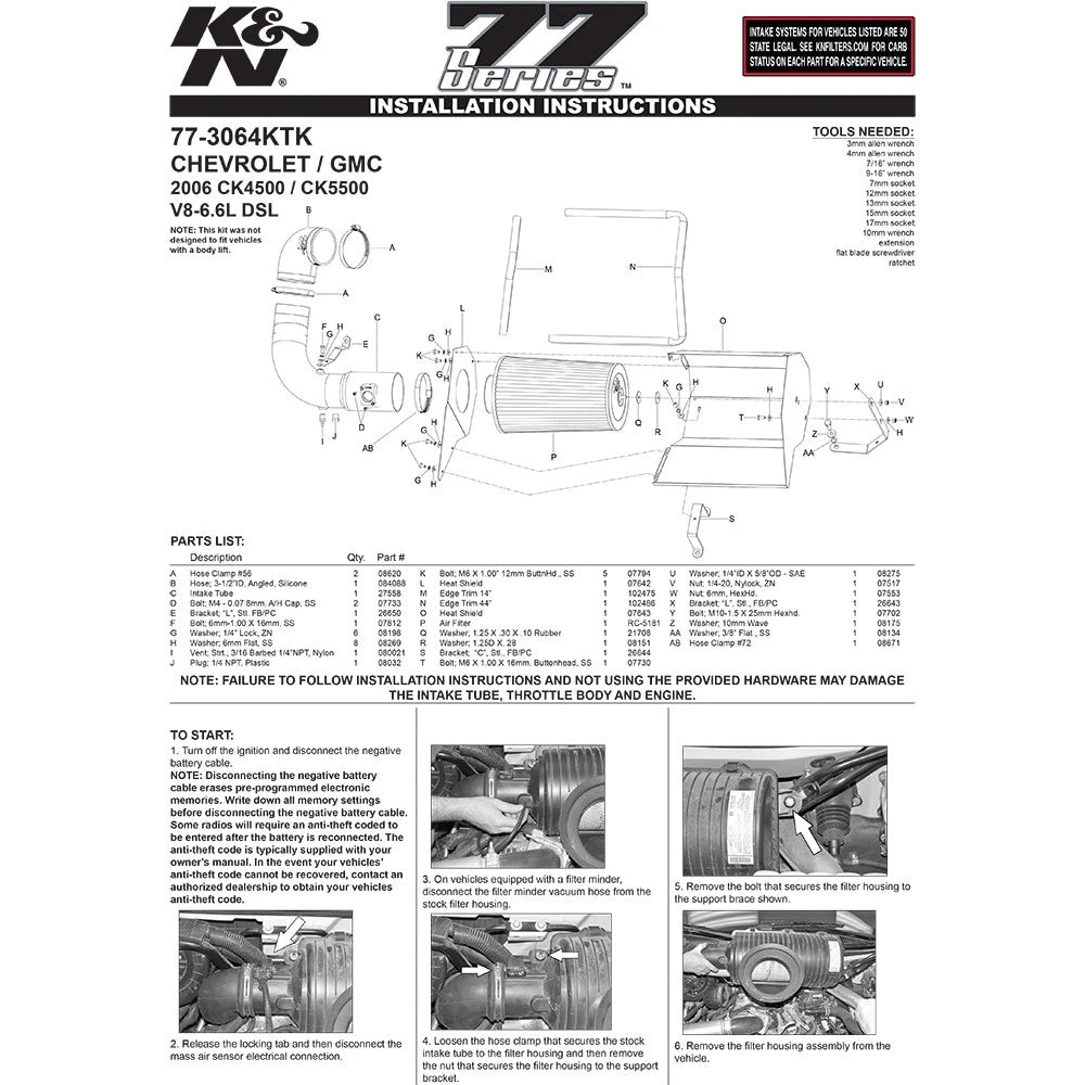 K&N Performance Intake Kit PERF. INTAKE KIT; CHEVROLET/GMC TOPKICK, V8-6.6 DSL, 2006