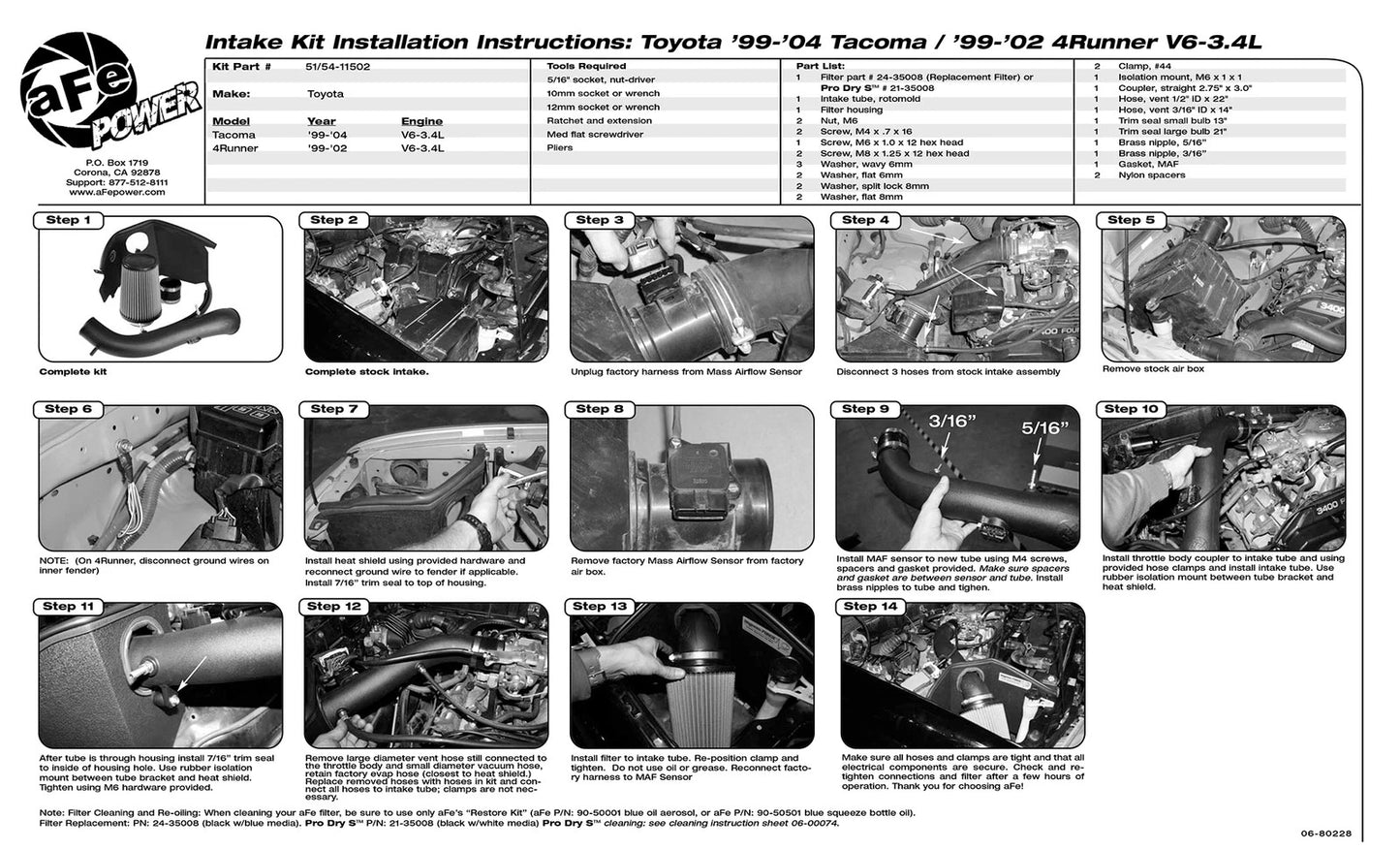 aFe MagnumFORCE Intakes Stage-2 P5R AIS P5R Toyota Tacoma 99-04 4Rnr 99-02 V6-3.4L
