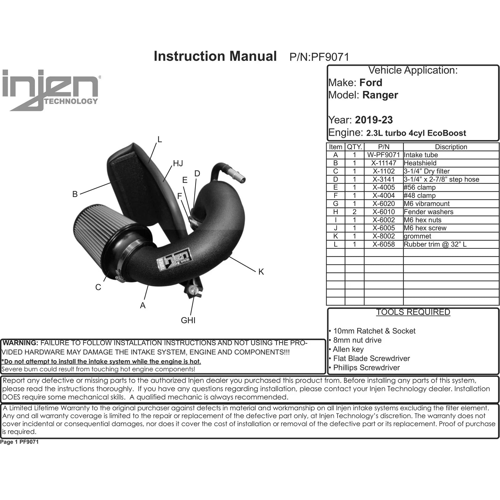 Injen 19-20 Ford Ranger L4 2.3L Turbo Wrinkle Black PF Cold Air Intake