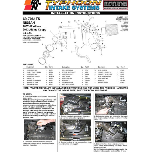 K&N 07-10 Nissan Altima 2.5L Silver Typhoon Short Ram Intake