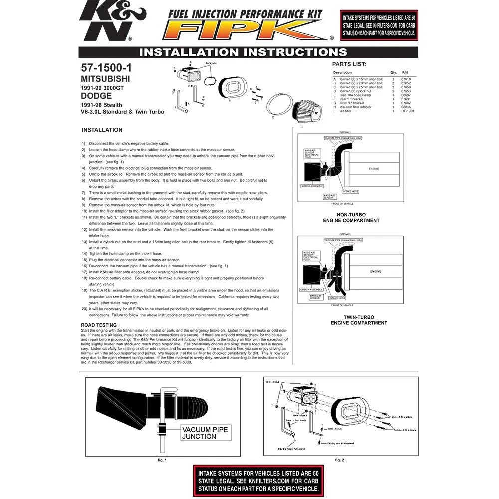 K&N 91-99 Dodge Stealth / Mitsubishi 3000GT V6-3.0L Performance Intake Kit