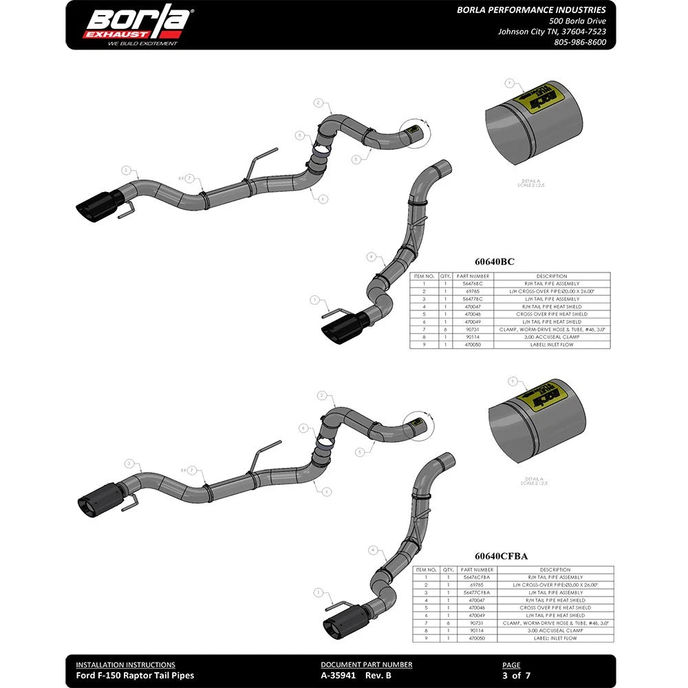 Borla 2017 Ford Raptor 3.5L AT RWD CC Short Bed/EC Standard Bed 3in Tailpipe Assembly w/ Black Tips