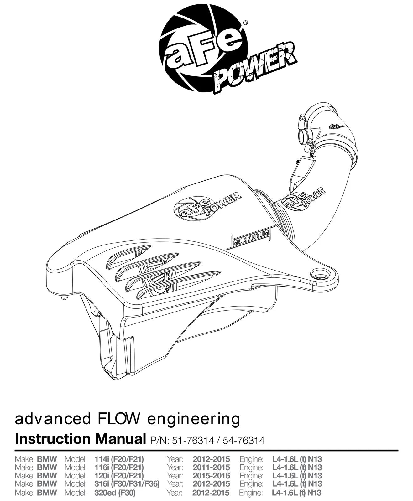 aFe Momentum GT Pro 5R Cold Air Intake System 11-15 BMW 116i/118i (F20/21) L4-1.6L (t) N13