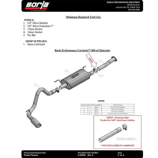 Borla 2016 Toyota Tacoma 3.5L V6 Auto 4DR CC SB S-Type 2.5in Single Left Rear Exit 4in Tip Exhaust