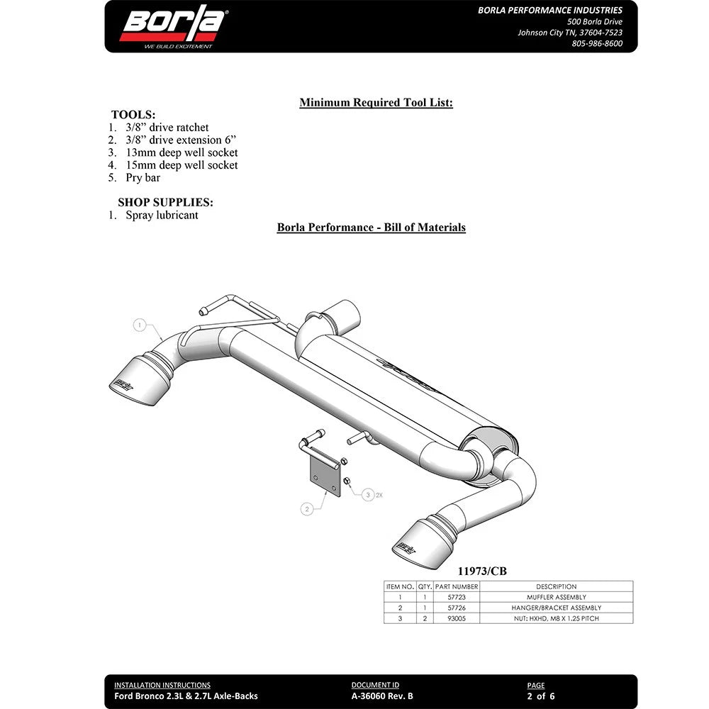 Borla 21-22 Ford Bronco 2.7L V6 4WD ATAK Axle Back Exhaust w/ Bright Chrome Tips