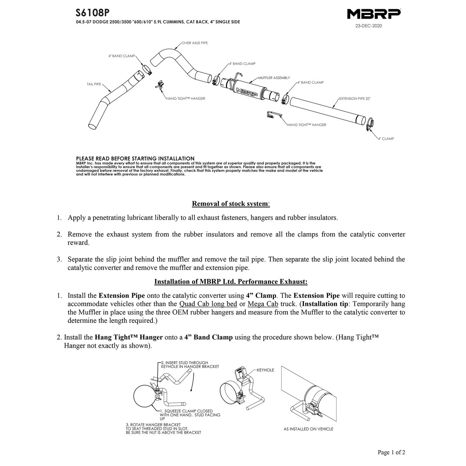 MBRP 2004.5-2007 Dodge 2500/3500 Cummins 600/610 Cat Back P Series Exhaust System